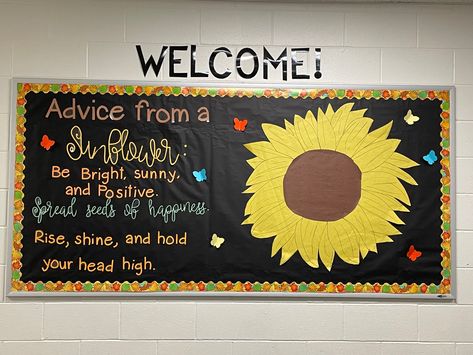 Fall Sunflower Bulletin Board Ideas, Sunflower Bulletin Board Classroom Decor, Sunflower Classroom Door Ideas, Sunflower Bulletin Board Ideas, Sunflower Bulletin Board, September Bulletin Boards, Burlap Classroom, Camping Theme Preschool, Door Bulletin Boards