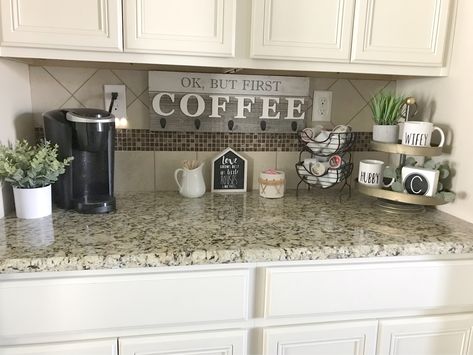 Coffee Areas On Counter, Coffee Spot On Kitchen Counter, Coffee And Tea Counter Station, Coffee Bar On Kitchen Counter, Coffee Countertop Ideas, Coffee Station Kitchen Countertops, Counter Top Coffee Station Ideas, Countertop Coffee Bar Ideas, Counter Top Coffee Bar