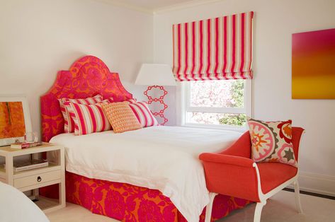 Amanda Nisbet Design | Candy Pink Red & Orange | Candy Stripe Roman Shade | Red flock headboard & matching bed skirt | Stripe pillows & Suzani pillow | Bungalow 5 Polo Side Table | Bed Bench Colourful Interiors, Contemporary Windows, Shared Girls Bedroom, Orange Rooms, Deco Rose, Chic Bedding, Bedroom Orange, Eclectic Bedroom, Rental Homes