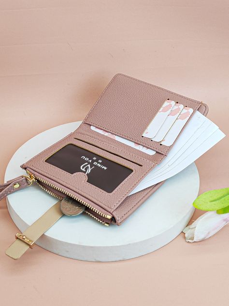 Pink Fashionable Collar  PU Leather Colorblock Small Wallet Embellished   Wallets & Cardholders Money Bags, Pink Preppy, Ladies Wallet, Best Purses, Piggy Banks, Word Wrap, Money Bag, Leather Style, Wallet Fashion