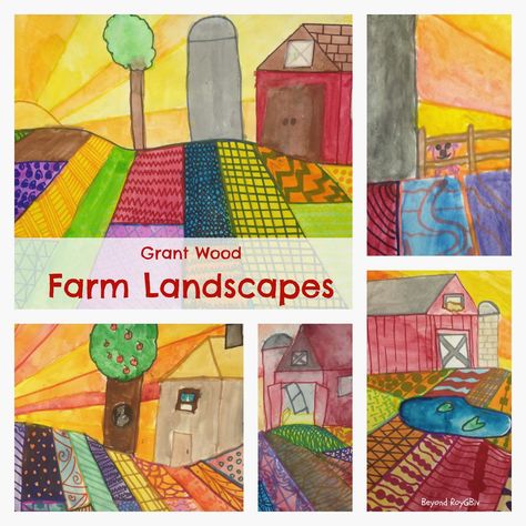 Free Lesson Plan #5: The Farm at Sunrise Landscape Art Lessons, Line Art Projects, Roy G Biv, Kindergarten Art Projects, Grant Wood, 2nd Grade Art, 4th Grade Art, 5th Grade Art, 3rd Grade Art