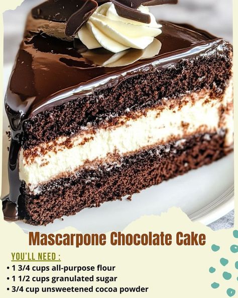 Easy recipes for everyone | 🍫 Decadent Mascarpone Chocolate Cake 🍫 | Facebook Chocolate Cake With Mascarpone Filling, Marscapone Cake Recipes, Marscapone Dessert, Mascarpone Frosting Recipe, Mascarpone Cake, Mascarpone Recipes, Mascarpone Frosting, Granola Recipe Bars, Diy Cream