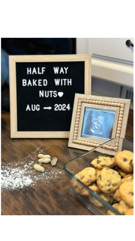 Baby boy half baked photos and ideas. Don’t forget the cookies! #halfbaked #letterboard #babyboy #20weeks #halfwaybaked #halfway #cookies #nuts #boy Half Baked Pregnancy Photo, Cute Pregnancy Photos, 20 Weeks Pregnant, Cute Pregnancy Announcement, Pregnancy Photo, Half Baked, Pregnancy Week By Week, Baby Announcement, Pregnancy Announcement