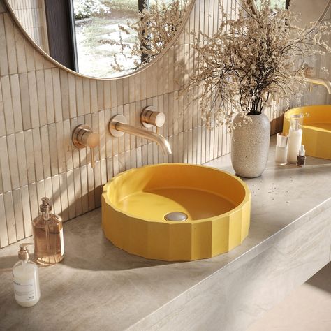 Happy Summer Solstice! Honouring the Sun with our handcrafted sinks to bring a splash of sunshine into your home. ☀️ Brighten up your space and soak in those summer vibes with the artisan Sun yellow. Pictured: 1st photo: Clio Rec wall mounted 2nd photo: Clio Round 3rd photo: Lily Square wall mounted #yellowsink #concretedesign #powderroomdesign #ensuitebathroom #bathroomrenovation #bathroomdesigns #artisandesign #cretemysink #sinkintostyle Outside Sink, Concrete Counter Top, Colored Sinks, Concrete Bathroom, Wall Mount Sink, Custom Planters, Stone Concrete, Concrete Counter, Concrete Sink