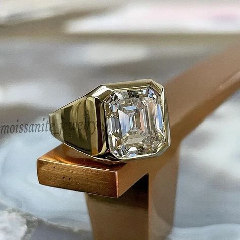 2.43 Ct Emerald Cut Colorless Moissanite Engagement Men's Ring 10k Yellow Gold 7 | eBay Bavaria Downs, Men Engagement Ring, Bezel Set Wedding Ring, Engagement And Wedding Ring Sets, Real Engagement Rings, Engagement Ring Bezel, Mens Ring Designs, Golden Rings, Engagement And Wedding Ring