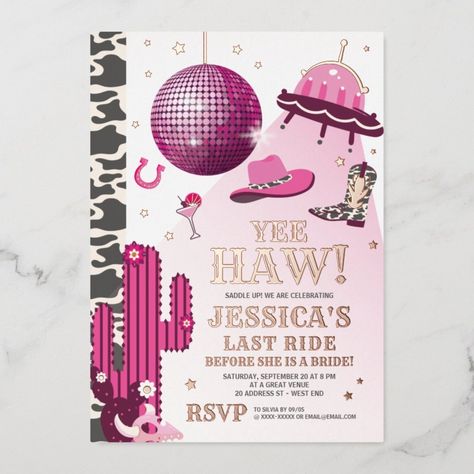 Space Cowgirl Bachelorette Party  Foil Invitation  Zazzle Space Cowgirl Bachelorette Party, Disco Cowgirl Birthday Party, Disco Cowgirl Birthday, Space Cowgirl Bachelorette, Disco Cowgirl Bachelorette Party, Cowgirl Birthday Party Invitations, Birthday Disco, Disco Cowgirl Bachelorette, Cowgirl Birthday Invitations