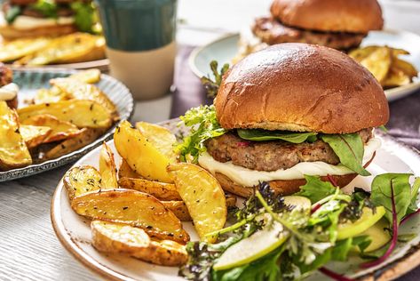 Pork and Apple Burger Pork And Apple Burgers, Rosemary Potatoes, Apple Pork, Salad Mixed Greens, Hello Fresh Recipes, Creamy Mushroom Sauce, Smash Burger, Creamy Mushrooms, Hello Fresh