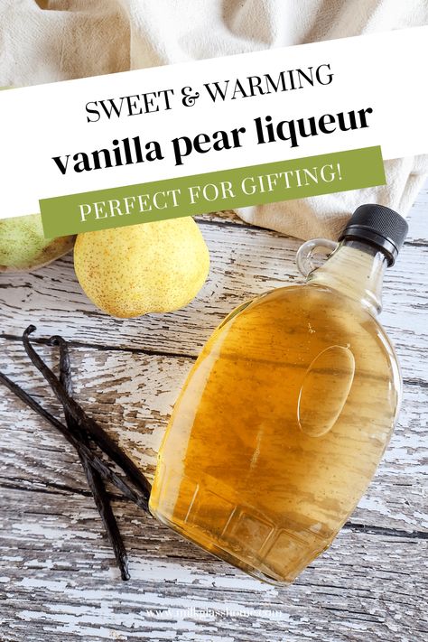 Warm your body up this winter with a delicious infused vanilla pear liqueur recipe! It takes a bit of time to extract the flavors, but it's so worth the effort. Diy Liqueur Recipes, Pear Liqueur Recipes, Home Made Liquor Recipes, Honey Liqueur Recipe, Pear Simple Syrup Recipe, Infused Alcohol Recipes, Homemade Booze, Diy Liquor, Pear Drinks