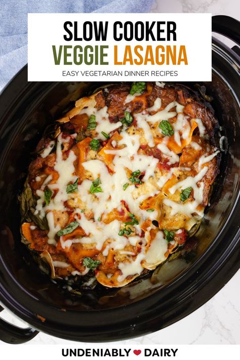 If you're looking for a vegetarian friendly recipe that brings the flavor and nutrition, look no further than this simple slow cooker meal. With its range of both cheeses and vegetables, it provides essential nutrients and protein from dairy in one easy-peasy pot. Slow Cooker Veggie Lasagna, Vegetarian Recipes Slow Cooker, Vegetable Lasagna Recipe, Easy Vegetarian Recipes, Recipes Slow Cooker, Veggie Lasagna, Vegetable Lasagna, Tasty Vegetarian Recipes, Health Dinner Recipes