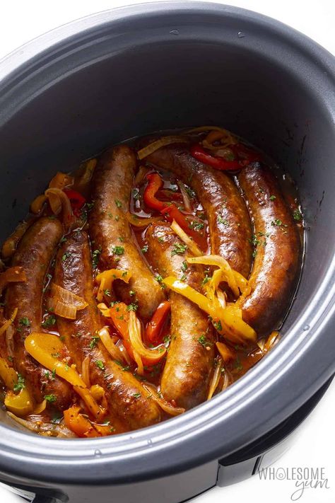 Crock Pot Italian Sausage And Peppers Recipe - Wholesome Yum Crockpot Ideas For Party, Slow Cooker Sausage And Peppers, Hot Sausage Recipes, Sausage And Peppers Crockpot, Crockpot Italian Sausage, Sausage Crockpot Recipes, Slow Cooker Sausage, Sausage Crockpot, Sausage Sandwiches