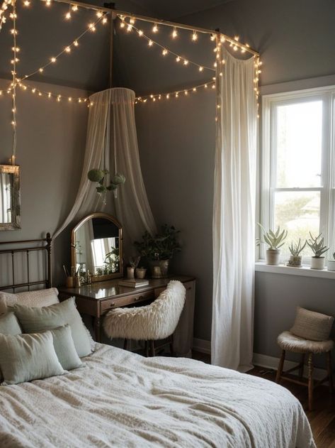 Create a dreamy atmosphere by adding a canopy of string lights above your bed. Complete the look with a vintage vanity table and arrange some succulents for a trendy touch. Vintage Vanity Table, Vanity Table Vintage, Aesthetic Photoshoot, Bedroom Bliss, Vintage Vanity, Vanity Table, String Lights, Your Aesthetic, Vanity