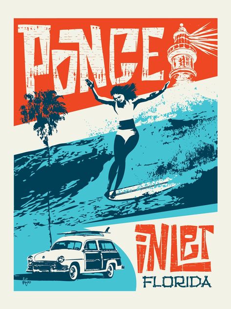 Feel the retro surf vibe from my posters of Florida. Retro Poster Design Graphics, Retro Surf Aesthetic, Vintage Surf Posters, 50s Beach, Surf Artwork, 3d Sphere, Retro Surf Art, Beachy Room Decor, Vintage Surfing