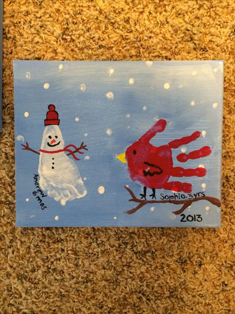 Snowman footprint and cardinal handprint grandparent Christmas gift Grandparent Christmas Gift, Grandparents Christmas Gifts, Grandparents Christmas, Handprint Christmas, Footprint Crafts, Snowman Cards, Hot Toddy, Family Diy, Handprint Crafts