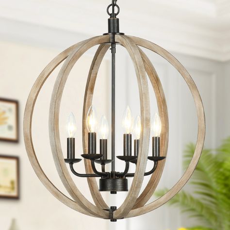 Kreitzer 6 - Light Dimmable Kitchen Island Globe Chandelier Wood Bedroom Chandelier, Wooden Globe Chandelier, Vaulted Entryway Lighting, Orb Chandelier Dining Room, Rustic Chandelier Dining Room, Entry Lights, Hanging Lamp Design, Entryway Chandelier, Wood Light Fixture