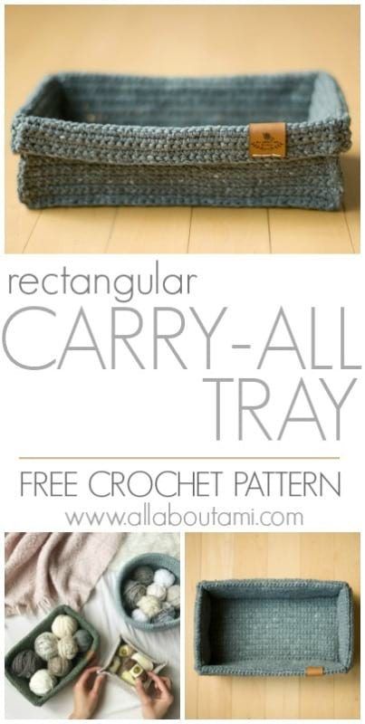 Crochet this modern and chic Rectangular Carry-All Tray with straight edges and a rolled-down cuff!  Free pattern & step-by-step pattern available, and uses only 1 skein of Rewind Tape Yarn! Tape Yarn Crochet Patterns, Modern Haken, All About Ami, Crochet Basket Pattern Free, Crochet Storage Baskets, Crochet Box, Unique Yarn, Crochet Baskets, Crochet Storage