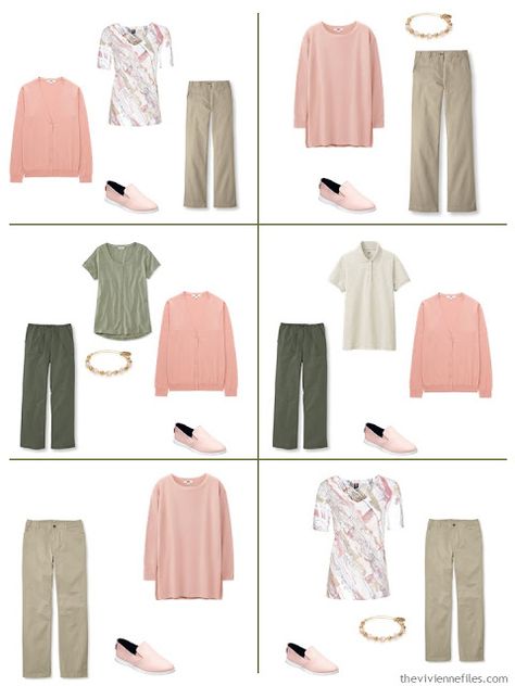 six ways to wear blush with khaki beige or olive green for warm weather Khaki Outfit Women, Pink And Khaki Outfit, Substitute Teacher Outfits, Green Outfits For Women, Olive Green Outfit, Olive Clothing, Light Pink Cardigan, The Vivienne Files, Vivienne Files