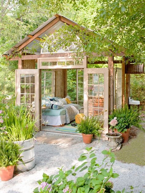 well-lit-she-shed-made-of-glass-and-wood-with-two-open-doors-garden-with-lots-of-potted-plants-and-trees Backyard Getaway, Large Plant Pots, Backyard Gazebo, She Sheds, Have Inspiration, Shed Design, Building A Shed, Little Garden, Garden Cottage