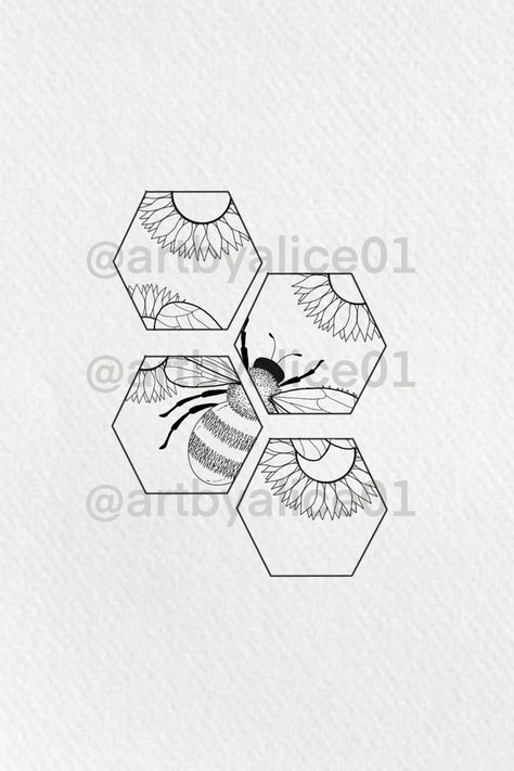 Honey Bee Art Drawings, Honeycomb Tattoo Stencil, Geometric Honeycomb Tattoo, Bee Tattoo Stencil, Line Art Bee, Bee Line Drawing, Fine Line Bee Tattoo, Honeycomb Drawing, Bees Drawing