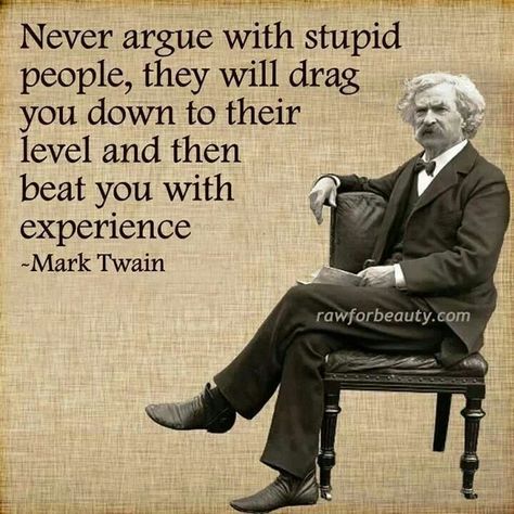 Never argue with stupid people they'll drag you down to their level and beat you with experience.  -Mark Twain Gritty Quotes, One Sentence Quotes, Nasihat Yang Baik, Mark Twain Quotes, Inspirerende Ord, Motiverende Quotes, About People, Mark Twain, Deep Breath