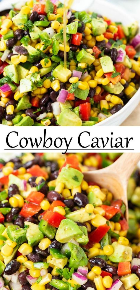 This Cowboy Caviar recipe is a great BBQ Side Dish Idea that takes minutes to make! It comes with an easy homemade dressing or use Greek or Italian Dressing for a quick shortcut. #diprecipes… More Cowboy Caviar Natasha's Kitchen, River Dinner Ideas, Healthy Snacks Dips, Cowboy Dip Recipe Easy, Black Bean Corn Dip Recipe, Healthy Dinner Recipes For A Crowd, Easy Cowboy Caviar Recipe, Cowboy Caviar Dressing Recipe, Cowboy Bean Dip