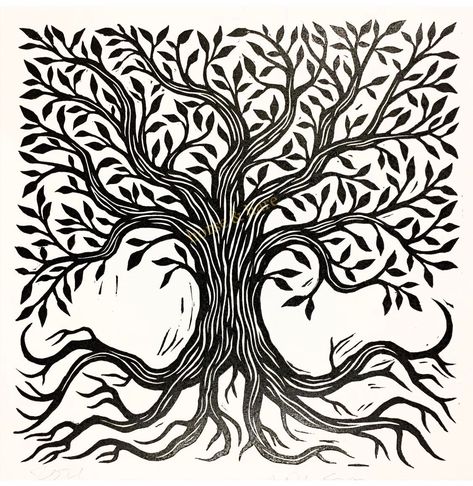 Hand carved and printed Tree of Life Linocut Art Print Image measures 12x12 Printed on 18x24 White Canson drawing paper Signed and dated, open edition print Free US Shipping! Graphic Tree Art, Sgraffito Tree Design, Trees Lino Print, Oak Tree Linocut, Black And White Tree Art, Block Print Tree, Linocut Tree, Tree Of Life Illustration, Tree Of Life Drawing