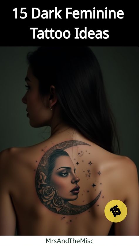 Dark Feminine Tattoo Ideas,Woman with crescent moon goddess back tattoo Elegant Moon Tattoo, Goddess Back Tattoo, Feminine Tattoo Ideas, Embrace Your Dark Side, Stunning Tattoos, Tattoo Spots, Goddess Tattoo, Feminine Tattoo, Wrist Tattoos For Women