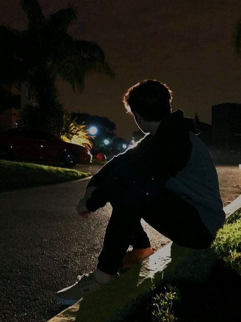 114. Bus Stop After Hours At Night, A Man, Skateboard, Road