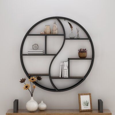 Brayden Studio Aitkin Industrial Hanging Circular Wall Shelf Finish: Black/Natural Hanging Wall Shelf, Wall Bookshelves, Etagere Bookcase, Mounted Shelves, Estantes Flotantes, Industrial Wall, Wall Accessories, Noble House, Decoration Inspiration