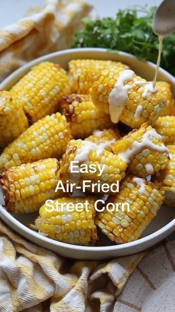 Sara Tercero/Plant-based Recipes on Instagram: "EASY AIR-FRIED STREET CORN Like, save and share this easy recipe and follow @betterfoodguru for more kickass vegan recipes like this one. This Mexican inspired Street corn is unbelievably tasty and easy to make. This banger of a recipe is worth a re-share especially with the amazingly entertaining Corn kid track. IT’S CORN, CORN IS AWESOME🌽 RECIPE Serves 5 Ready in 20 min Ingredients: -5 ears of corn peeled and chopped in thirds -2-3 sprays oliv Fry Corn, Lime Seasoning, Street Corn Recipe, Chili Lime Seasoning, Vegan Summer Recipes, Vegan Holiday Recipes, Corn Recipe, Vegan Mayo, Vegan Lunches