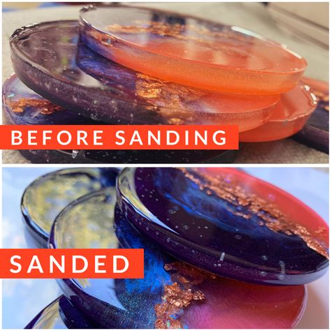 Sanding Resin Coasters, How To Sand Resin, Resin Sanding, Sanding Resin, Resin Ideas To Sell, Resin Tips, Epoxy Coasters, Resin Jewelry Tutorial, Resin Jewlery