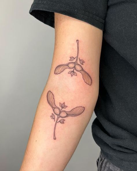 Maple Helicopter Tattoo, Helicopter Leaf Tattoo, Tree Helicopters Tattoo, Helicopter Seed Tattoo, Helicopter Tattoo, Maple Seed Tattoo, Aspen Trees Tattoo, Seed Tattoo, Hand Poke