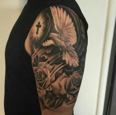 Tattoo by ig:k12tattoos Dove Shoulder Tattoo Men, Two Doves Tattoo Design, Heaven Tattoos, Rose Tattoos For Men, Dove Tattoo, Men Tattoos Arm Sleeve, Mens Shoulder Tattoo, Cloud Tattoo, Cool Forearm Tattoos