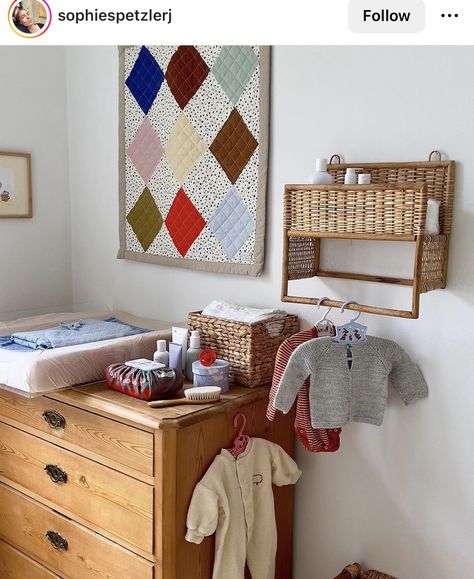 Norwegian Nursery, Nursery Aesthetic Colorful, Eclectic Boy Nursery, Nursery In Bedroom, Tiny Baby Room, Danish Nursery, Vintage Gender Neutral Nursery, Above The Crib Decor, Small Baby Nursery