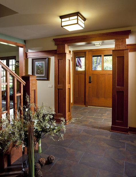 Cozy Craftsman Interior, Craftsman Foyer, Craftsman Family Room, Craftsman Style Homes Interior, Craftsman Style Interiors, Craftsman Entry, Craftsman Interior Design, Craftsman Interiors, Craftsman Home Interiors