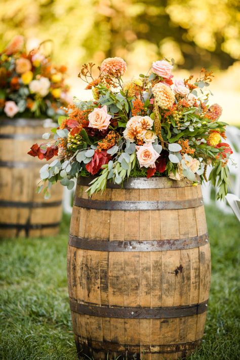 Florals by Ruffled Willow Whiskey barrel rented through The Silo Barrels For Wedding, Wine Barrel Flower Arrangements, Whiskey Barrel Flowers, Wine Barrel Wedding Decor, Barrel Wedding Decor, Barrel Flowers, Wine Barrel Wedding, Fall Country Wedding, Whiskey Barrel Wedding