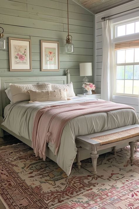 Pink And Green Bedroom Ideas, Pink And Green Bedroom, Green Bedroom Ideas, Home Bedroom Design, Jade Design, Bedroom Makeovers, Cosy Interior, Bedroom Colour Palette, Calming Bedroom