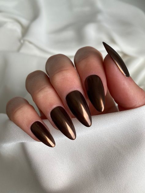 Brown Chrome Nails, Brown Chrome, Chrome Nails Designs, Her Nails, Shiny Nails, Cat Eye Nails, Brown Nails, Stick On Nails, Chic Nails