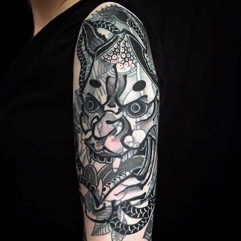 Half Sleeve Japanese Demon Mask Blast Over Male Tattoos Blast Over Tattoo Black, Blastover Tattoo Sleeve, Blast Over Tattoo Cover Up, Blast Tattoo, Blastover Tattoo, Blast Over Tattoo, Arm Cover Up Tattoos, Tattoo Journal, Male Tattoos