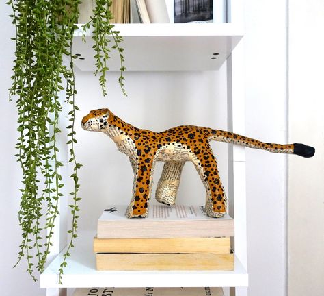 Little Paper Leopard - MADE TO ORDER Walk In The Forest, Making Paper Mache, Paper Mache Animals, Clay Sculpting, Recycled Book, Paint Black, Paper Mache Art, Wooden Houses, Papel Mache