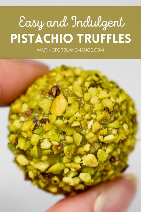 Close up of a pistachio coated white chocolate pistachio truffle being held up to the camera. Pistachio Theme Party, Pistachio Pudding Truffles, Cranberry Pistachio Truffles, Pistachio Baked Goods, Pistachio Fudge Recipe Easy, Pistachio Mini Dessert, Pistachio Sauce Desserts, White Chocolate Pistachio Truffles, Pistachio Truffles Recipe