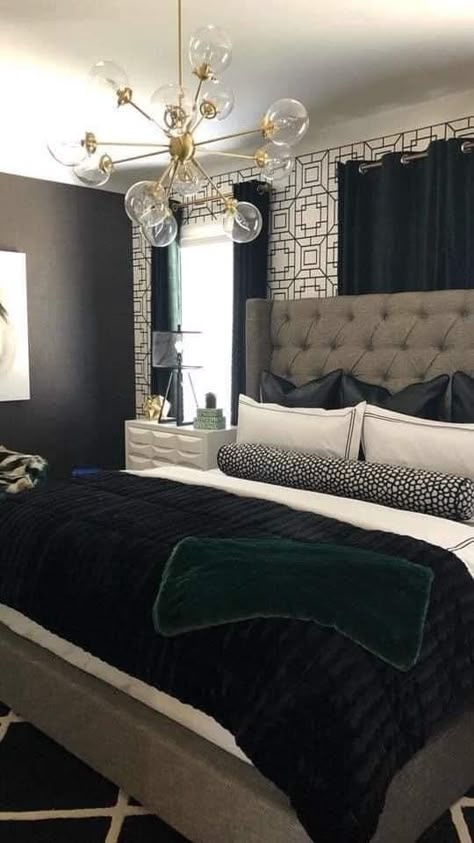 Master Bedrooms Decor Black White Gold, Black Grey And Emerald Bedroom, Bedroom Decor Inspiration Glam, Black And Gold Room Decor Master Bedrooms, Teal White And Grey Bedroom, Black And Emerald Bedroom, Green And Black Bedroom, Modern Glam Bedroom, Gray Room