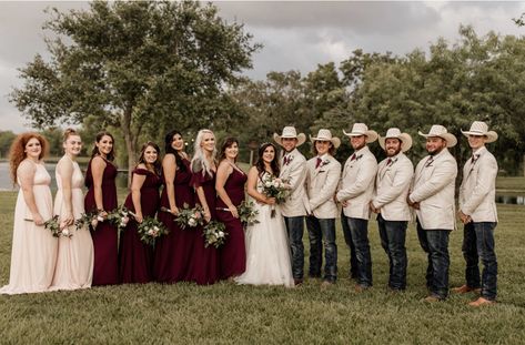 Burgandy wedding, burgandy bridesmaid dresses, cowboy wedding, western wedding, boots and jeans, wedding ideas, blush bridesmaid dresses Groomsmen Jeans Burgundy, Western Wedding Bridesmaids Boots, Western Burgundy Bridesmaid Dresses, Cowboy Groomsmen Burgundy, Tan And Jeans Groomsmen, Burgandy Western Wedding, Burgundy Cowboy Wedding, Maroon And Tan Wedding Theme, Maroon Western Wedding Theme