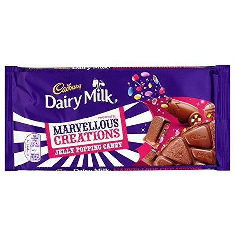 British Cadbury Dairy Milk Marvellous Creations Jelly Popping Candy Chocolate Bar - Ships From The UK - Case Of 14 x 200g Bars - http://bestchocolateshop.com/british-cadbury-dairy-milk-marvellous-creations-jelly-popping-candy-chocolate-bar-ships-from-the-uk-case-of-14-x-200g-bars/ Cadbury Marvellous Creations, Marvellous Creations, Cadbury Chocolate Bars, Banana Caramel, Dessert Halloween, Popping Candy, Chocolate Pack, Dairy Milk Chocolate, Cadbury Chocolate