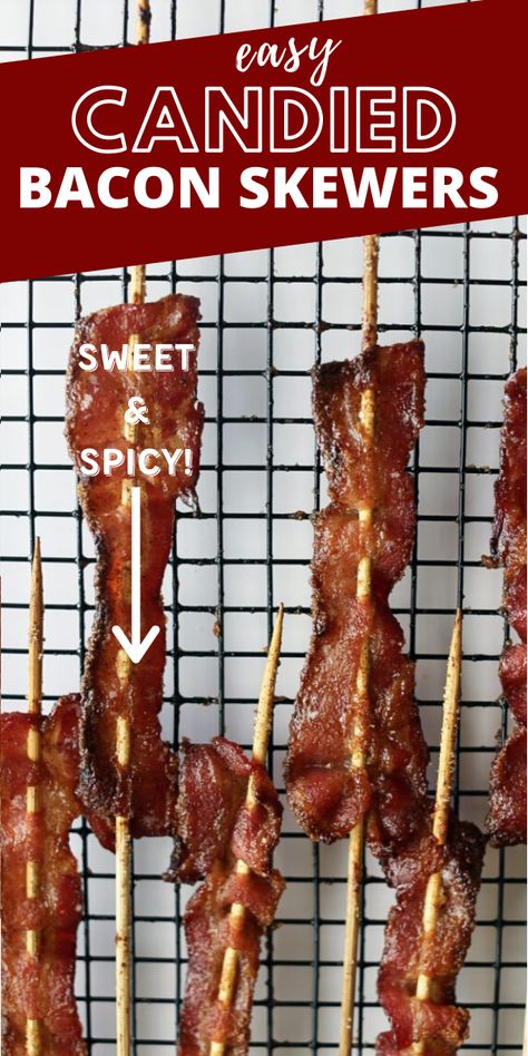 My favorite comfort foods are usually warm, salty, and spicy, which is why these Candied Spiced Bacon Skewers hit the spot! Bbq Candied Bacon Skewers, Bacon Skewers Brunch, Candied Bacon Skewers, Hangover Brunch, Bacon On A Stick, Bacon Skewers, Candy Bacon, Winter Bbq, Spicy Candy