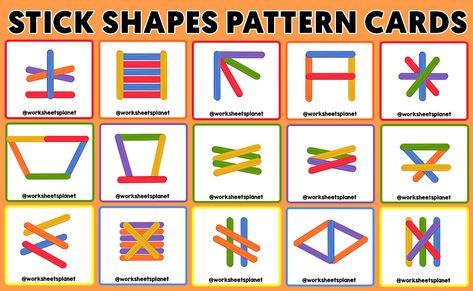 Stick Shapes Pattern Cards for Kids | Printable Activity Math Stem Activities, Creative Writing For Kids, Brain Gym For Kids, Early Childhood Activities, Pattern Cards, Pattern Activities, Math Stem, Shapes Pattern, Preschool Activities Toddler