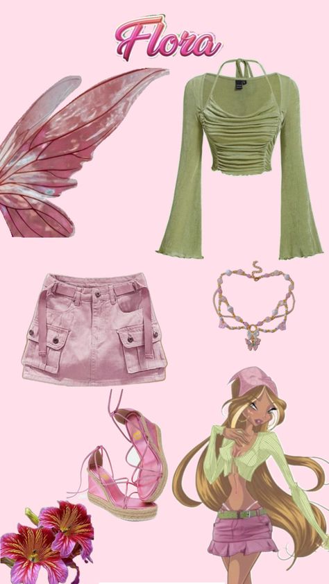 #winx #flora #floraslook Flora Winx Outfit Ideas, Flora Winx Club Halloween Costume, Winx Aesthetic Outfit, Winx Club Outfits Costumes, Bloom Halloween Costume, Winx Flora Costume, Flora Halloween Costume, Musa Winx Club Outfit, Flora Winx Club Costume