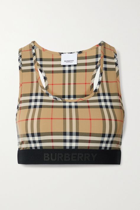 Shop or share your style of the product on ModeSens! Burberry's sports bra is made from smoothing stretch fabric decorated with archival checks. It has wide, supportive straps and an elasticated underband that's jacquard-woven with the house moniker. Show yours off with a half-zipped jacket.- For Women. Knitted Bra, Burberry Plaid, Burberry Outfit, Burberry Women, Jacquard Weave, Workout Gear, Fun Workouts, Women Collection, Fashion News