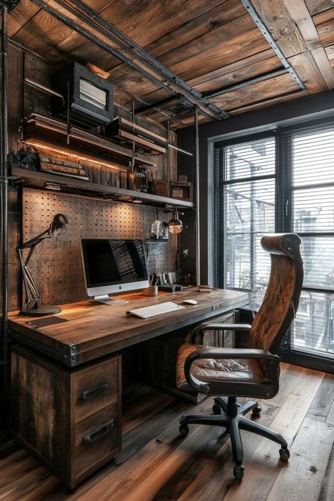 Boost Productivity with Industrial Home Office Ideas 🖥️✨ Design a functional and stylish home office with industrial decor. Use metal accents, reclaimed wood, and minimalist furniture. 🌿🏢 #IndustrialOffice #HomeOffice #Productivity #HomeDecor Japanese Industrial Design, Industrial Home Office Design, Loft Workspace, Home Office Industrial, Masculine Office, Industrial Style Office, Industrial Home Offices, Rustic Home Offices, Warehouse Living