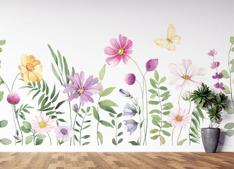 Yellow Floral Nursery, Wildflower Mural, Flower Mural, Purple Wildflowers, Greenery Decor, Yellow Wildflowers, Kids Room Wall Decals, Bedroom Murals, Kitchen Hallway