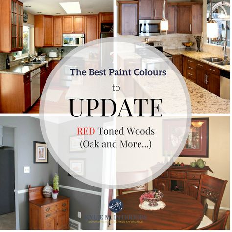 The best paint colours and ideas to update red or cherry toned oak, wood, cabinets, flooring. Kylie M INteriors E-decor and E-design Red Toned Wood Trim, Kitchen Paint Cherry Cabinets, Red Wood Interior Design, Red Oak Floors Paint Colors, Cherry Wood Bathroom Cabinets, Red Oak Trim Paint Colors, Cherry Wood Cabinets Paint Colors, Cherry Wood Paint Colors, Living Room Paint Colors With Wood Trim